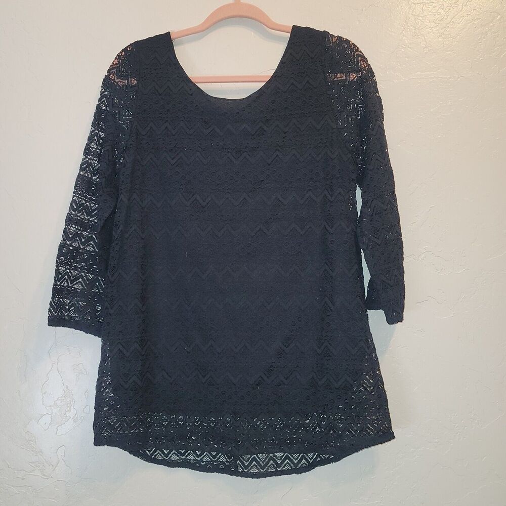 Rachel Kate Womens Sz M Lace Blouse Black 3/4 Sleeve Top Chiffon Bow Coquette
